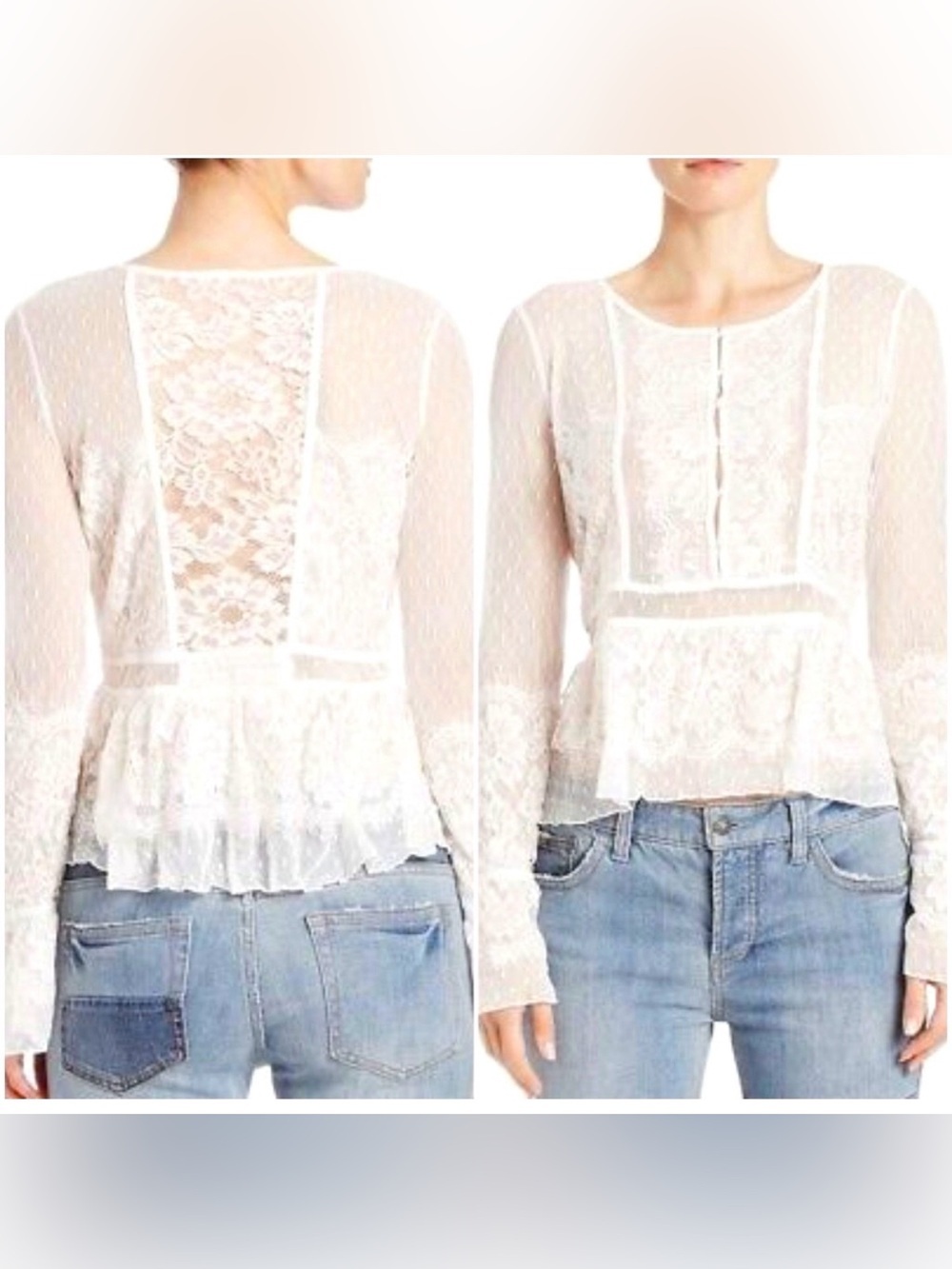 Free People Ivory Sheer Lace Button Front Blouse Size L
